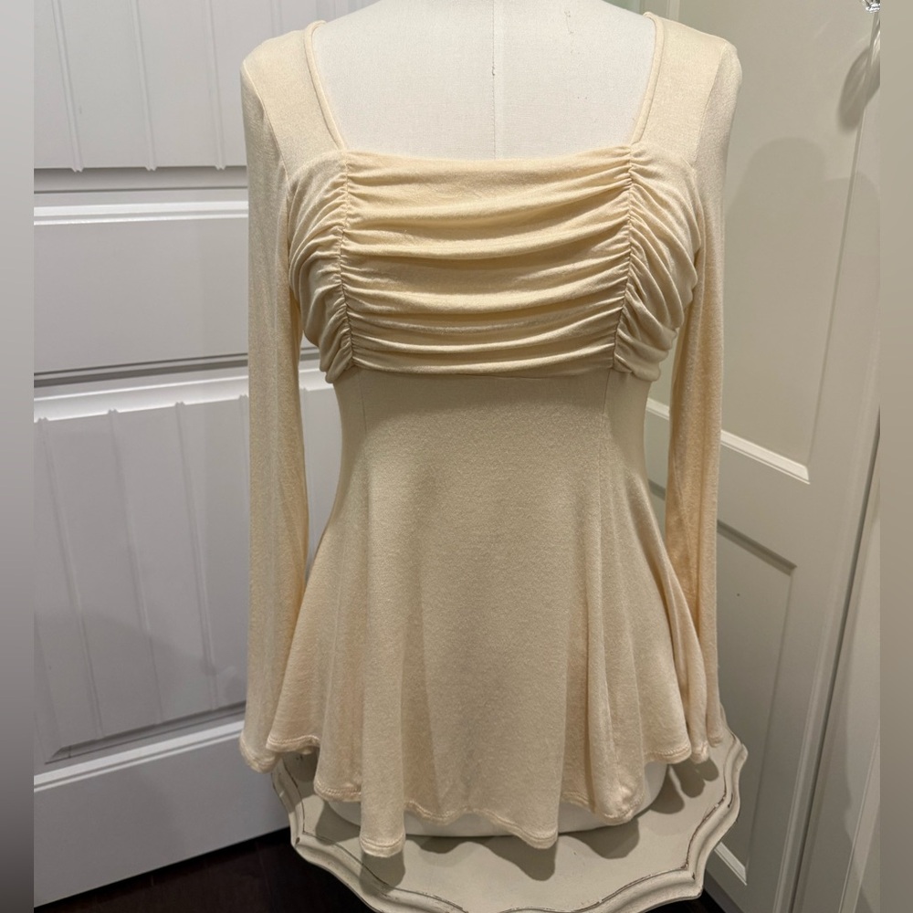 VENUS Size Medium Cream Long Sleeve Square Neck Ruched Bust Baby Doll Blouse Top